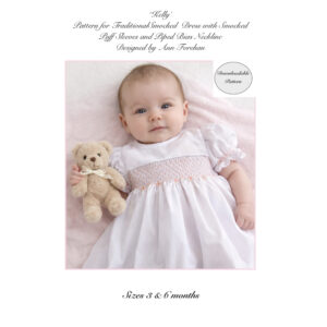 Kelly -Downloadable Pattern, Traditional Smocked Dress with Bias neck & Smocked Sleeves, Size 3 & 6 months